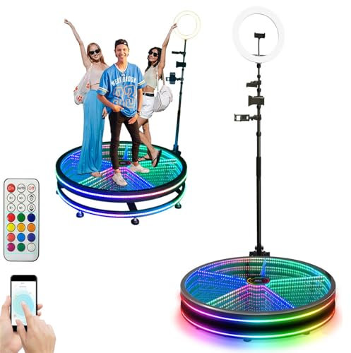 360 Photo Booth with LED Selfie Ring Light, Automatic 360 Spin Camera Booth, Remote/APP Control/Intelligent Telescopic Height/8-Speed Control, for Parties, Weddings, and Activities,80cm