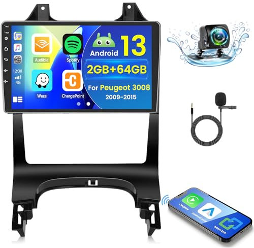 Hikity [2+64GB] Android 13 Autoradio Carplay Android Auto Wireless pour Peugeot 3008 2009-2015 Radio, IPS Écran Tactile 9 Pouces Poste Radio Voiture avec Bluetooth Stéréo GPS WiFi DSP EQ