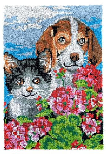 Diy Knüpfen Set Teppich Knüpfkissen-Set Mit Hunde- Und Katzenmotiv，Tiere Und Blumen，Knüpfteppich-Set Für Erwachsene，Knüpfset Mit Teppichverschluss Und Vordruck，3D-Bastelgeschenk Zum Se 23x35in