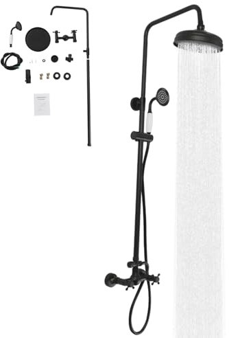 DAOHHFO Duschsystem Messing Duschset, Duscharmatur Set mit Thermostat Schwarz Handbrause Retro Nostalgie, Wand Montiert Duschset Heiß und Kalt, Verstellbarer Duschstange (Schwarz)
