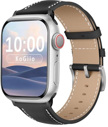 KoGiio Cuir Bracelet Compatible avec Apple Watch 42mm 41mm 40mm 38mm, Hommes et Femmes de Cuir Bracelet de Remplacement Compatible avec Apple Watch Series 10 42mm 9 8 7 SE 6 5 4 3 2 1 Noir