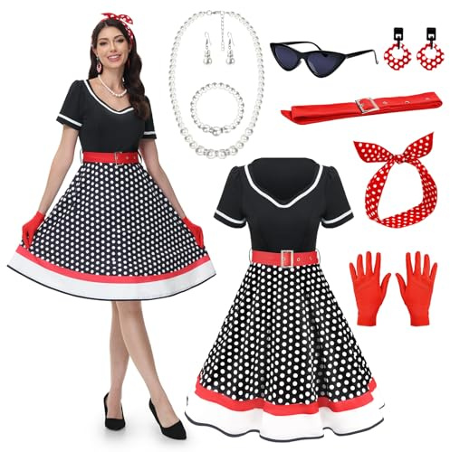 JONRRYIN 50er Jahre Kostüm Damen, 9 Stück Rockabilly Accessoires Mit Katzen Auge Brille, Ohrringe, Stirnband, Halskette, Handschuhe für Motoparty Retro Party (Schwarz1, S)