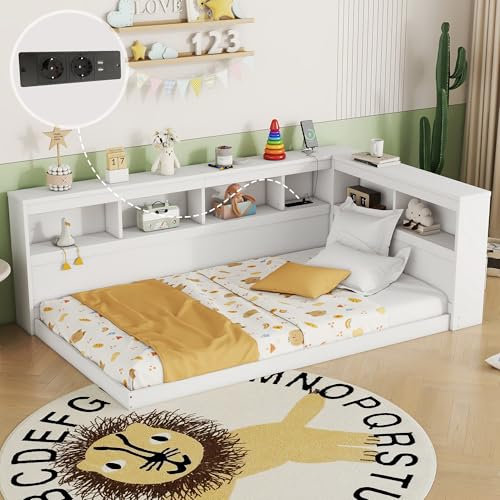 Kayan Plattformbett 90 x 200 cm, Daybett Tagesbett Schlafsofa mit Steckdose und 2 USB-Anschlüssen, Sofabett mit Staufach, Kinderbett Einzelbett mit Lattenrost, Ohne Matratze (Weiß)