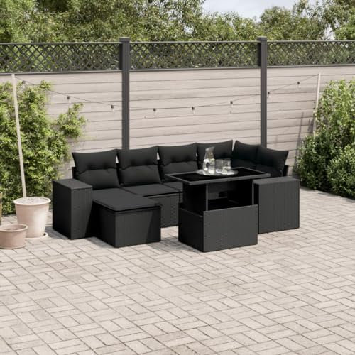 Rantry Gartensofa-Set mit Kissen, 7-teilig, schwarz, Polyrattan, Set für Schlafsofa, Wohnzimmer, Sofa, modernes Sofa, für den Außenbereich, Modell 3269305