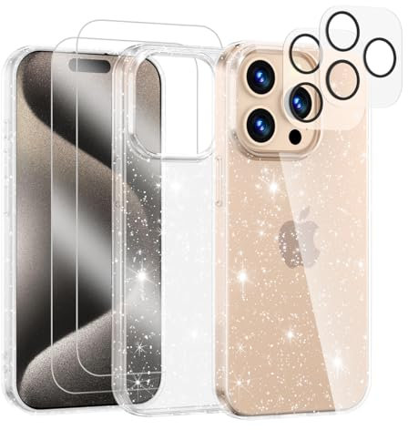 Noyabox für iPhone 15 Pro Transparent Glitzer Hülle mit 2 Panzergläsern, Handyhülle Silikon Funkelnd Weich Leicht Kratzerfest TPU Case, Durchsichtig