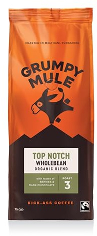 Grumpy Mule Top Notch Organic Blend Whole Coffee Beans with notes of Berries and Dark Chocolate 1kg