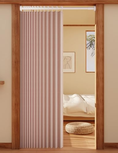 APMOE Türvorhang mit Teleskopstange, Ohne Bohren Türvorhang Kälteschutz, Raumteiler Vorhang Schallschutz Falttüren Innentüren(Rosa,Rod 50-80cm/curtain 80x200cm)