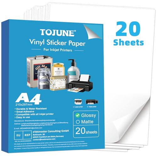 TOJUNE Papel Adhesivo de Vinilo Imprimible para Impresoras de Inyección de Tinta, A4, 21 x 29.7 cm, Resistente al Agua, Corte Arbitrario, reverso adhesivo (20 Hojas) (Blanco Liso)