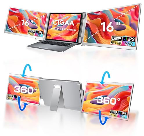 CIGAA 16 Laptop Bildschirm Erweiterung, FHD 1200P IPS Laptop Screen Extender, Dual Screen 360° Flip für 12-18.5 Laptops mit HDMI/USB Anschluss C, Plug-Play
