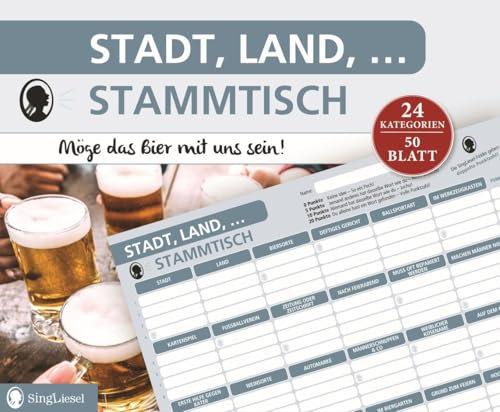 SingLiesel Stadt, Land, Stammtisch – Lustiger Stadt Land Fluss Spielblock für Erwachsene | Kneipen- & Partyspiel mit Fragen & Themen | Geschenkidee für Freunde