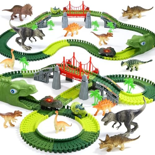 EagleStone Dinosaurier Rennbahn Set – 225 Teile Flexible Rennstrecke, 1 elektrisches Dino Auto mit Licht, 8 Dino Figuren, Dino Tunnelkopf, Weihnachts Geburtstagsgeschenk für Kinder von 3 bis 8 Jahren