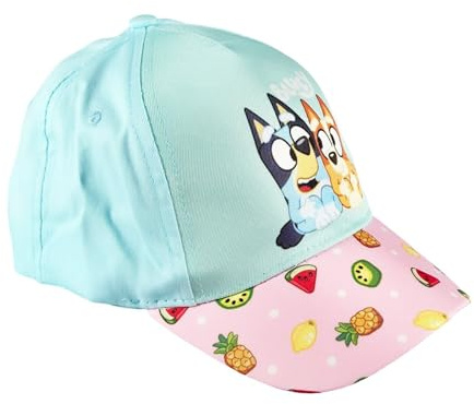 WS-Trend Bluey & Bingo Kinder Cap – Basecap für Mädchen & Jungen – Größe 52–54 cm – Verstellbar mit Klettverschluss – Sommerliche Kappe mit Frucht-Print, Farbe: Blau, Bekleidungsgröße: 54