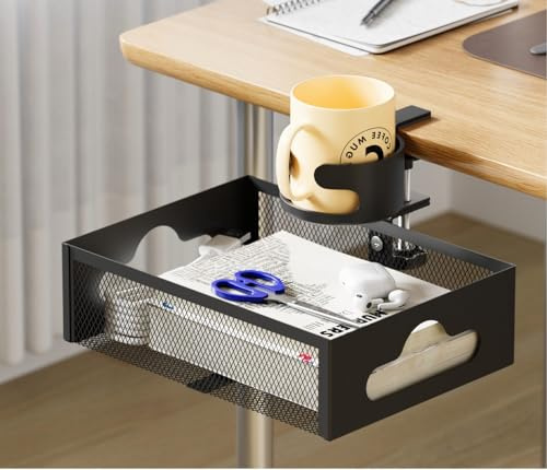 lomonmen Tiroir Organisateur de Bureau,Rangement de Bureau avec Porte Gobelet,Tiroir Caché Métallique,Rotatif 360°,Pour Rangement Sous Desktop