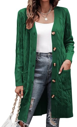Aottori Damen Cardigan Lang Langarm Grobstrick Grün L | Herbst Winter, Strickmantel, Grobstrickjacke, Lange, Longstrickjacke, Casual, Strickjacke