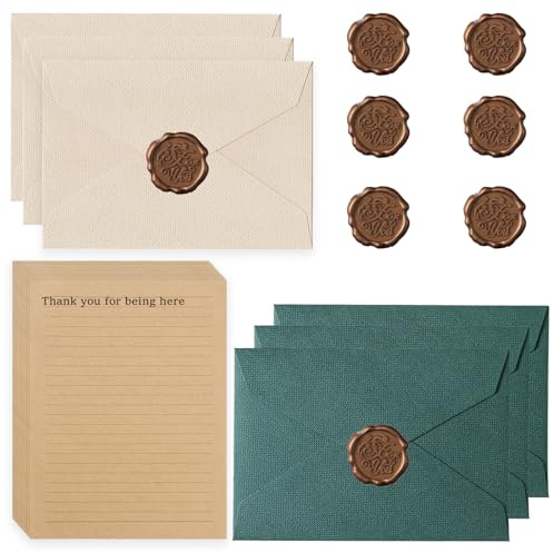 HaploS 22 Grün Briefpapier Vintage Papier Mit 6 Leinenumschlag Umschläge | Kraftpapier Umschläge Set Mit 6 Wachssiegel 20 A5 Briefpapier Vintage Papier Für Geburtstag, Hochzeits Einladung Grußkarten