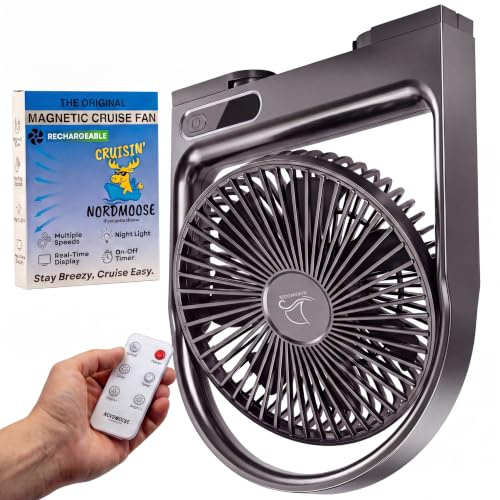 Nordmoose Magnetic Cruise Fan with Remote Control | 7 Blade Rechargeable Magnetic Fan for Cruise Cabin, Dimmable Night Light, Timer, 6 Speeds, 4000mAh Battery, Rotatable Head