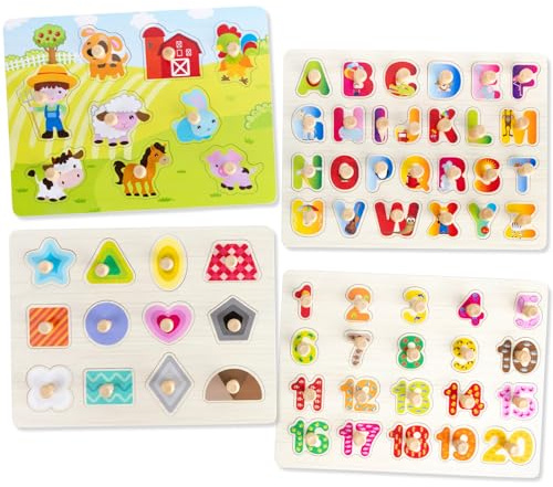 Funsland Baby Holzpuzzle 3 Jahr, 4 Stück Montessori Puzzle Baby mit Griff,Steckpuzzle Lernspielzeug Pädagogisches Spielzeug, Tiere Holz Puzzle Geschenk Spielzeug ab 3 Jahr Kinder