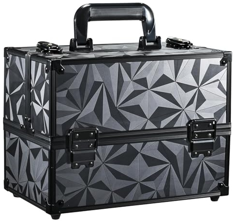 6 Trays Makeup Box Cosmetics Case Jewelry Organiser Vanity Case | Make Up Storage Box Beauty Train Case Lockable with Keys, Dark Black