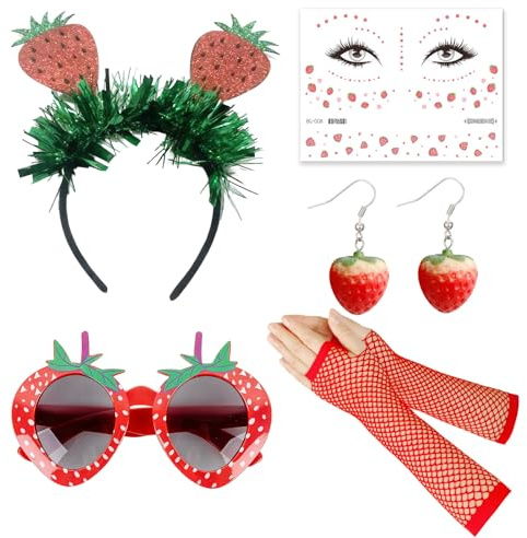 RAOPNHS 5 Stück Erdbeer Kostüm Damen Set, Erdbeer Haarreif, Sonnenbrille, Ohrringe, Handschuhe, Tattoos, Obst Kostüm für Karneval Fasching Halloween, Lustiges Faschingskostüm Damen Accessoires