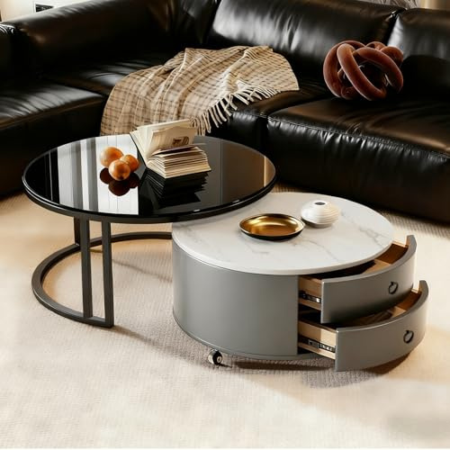 MJKCBD Coffee Table Set of 2, Stacking End Side Tables with Square Glass and Marble Top, Sofa Tea Table with Storage 2 Drawers for Living Room Home Office,Double Drawer Round Grey