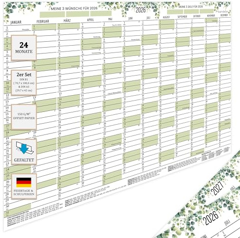 Wandkalender 2026 2027 B1 groß, Jahreskalender quer gefaltet Kalender | 2 Jahre XXL Jahresplaner (70,7 × 100 cm) + Gratis DIN A3 | Poster Wand-Planer mit Feiertagen DE