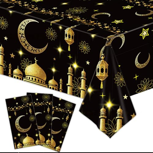 Bubaxuce 3er-Set Ramadan Tischdecken, Ramadan Mubarak Tischdekorationen, Ramadan Deko Tischüberzüge für Zuhause – Eid Mubarak (Schwarz)