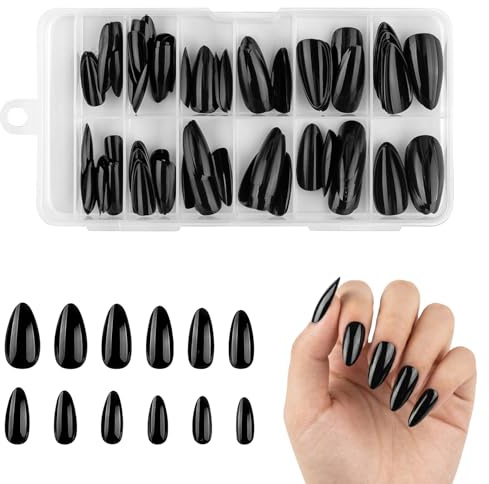 XETHI 120 Ongles Faux Forme d'Amande | Acrylique Brillant Couverture Totale Noir pour Femmes et Filles Manucure pour Quotidien Fête Halloween Cosplay (Noir)