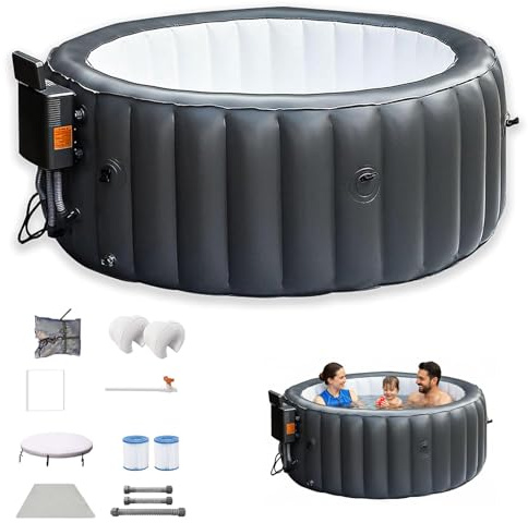 LADECNERHT Sprudel-Massage-Spa-Set Für Den Außenbereich, Aufblasbares Tragbares Spa, Rundes Aufblasbares Spa, EIN-Tasten-Befüllung, Heizt Bis 42°c/104°f, 3-4 Personen