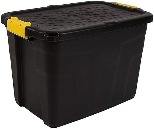 MaryMo Strata Heavy Duty Large Storage Box with Lid, 60L, Lockable, Indoor/Outdoor, Clip Lock, Black with Yellow Handles