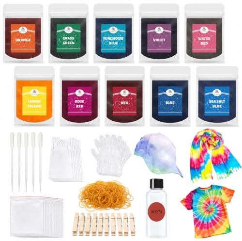 Caelura Batikfarben Set Kinder, 10 x 10g Farben Textilfarbe mit Fixierer | Batik Färbemittel für Textilien, Stofffarben Waschfest, Tie Dye Kit für T-Shirts Kleidung Stoff Färben, Zubehör Gummibänder