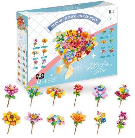 WYSWYG Blumenstrauß Bausteine 12 in 1 Set (404 Teile) Mini Klemmbausteine | 12 Blumen, 404 Teile, 1 Strauß — verwelkt nie, DIY Deko & Mitgebsel für Mädchen.