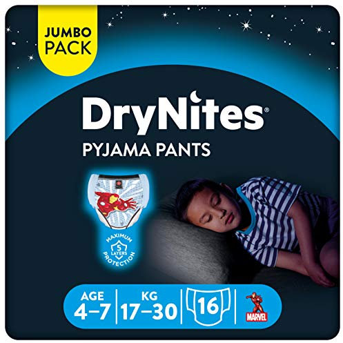 Huggies DryNites Calzoncillos absorbentes para niño 4-7 (17-30 kg), Clínicamente probado con 5 capas de protección nocturna, 16 pañales de noche