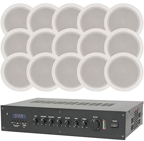 100V Line Shop/Restaurant Wireless Background Music System Kit - 120W Bluetooth Mixer Amp & 15x Ceiling Speakers - Loops