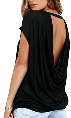 iMELY Damen Shirt Casual Blusen Rückenfrei O Neckline Loose Fit Fashion Top Tee T-Shirts (L, Schwarz)