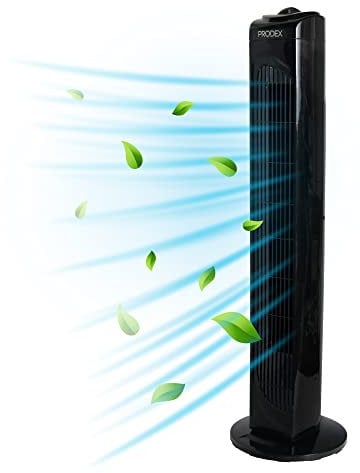 Prodex PX5229B Oscillating Tower Fan, 29 Inch, 3 Speed Settings, Oscillation Function, Bladeless Design, 40 Watts of Power, Overheat Protection, Black