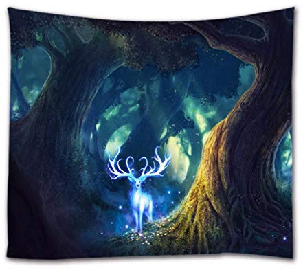 A.Monamour Wandteppiche Zauberwald Bäume Fantasie Fee Hirsch Verzauberte Wälder Abstrakte Kunst Stoff Wandteppich Wanddekoration Wandbehänge Vorhang Für Schlafzimmer Wohnzimmer Schlafsäle 130x153cm