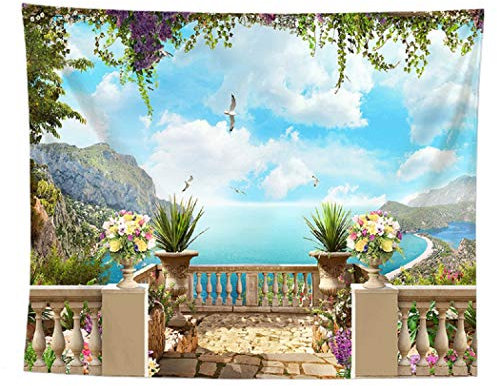 izielad Balkon Meer Blumen Berg Wandteppich Wandbehang Kunst für Kind Wohnzimmer Schlafzimmer Wohnheim Wohnkultur 180X230CM 70.8X90.5IN