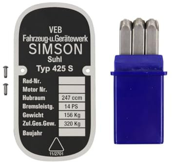 Typenschild für Simson AWO Sport mit Schlagzahlen und Kerbnägeln