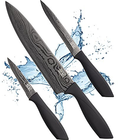 Grey Damask 3pce Kitchen Knife Set - 9cm/3.5” Paring, 13cm/5” Utility, 20cm/8” Chef Knives. Ultra Modern, Slate Damascus Effect, Razor Sharp, Titanium Coated, Stainless Steel Bladed Knives