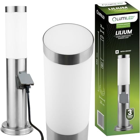 Lumiled Wegeleuchte Außen Pollerleuchte Sockelleuchte mit Steckdose Stehlampe Außenleuchte Gartenleuchte Wegelampe stehend 45cm IP44 Silber Edelstahl E27 Fassung Säulenlampe Pfostenlichter