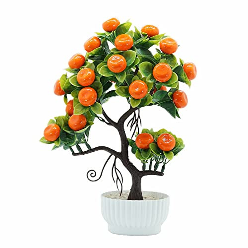 Mokyler Künstliche Obstbaum, Topfpflanzen, künstliche grüne Pflanze, weiße Kunststofftopf, lebensechte Blumen für Zuhause, Party, Garten, Dekoration, Orangenbaum, 2 Stück
