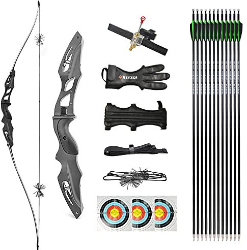 AMEYXGS Bogenschießen Takedown Recurve Bogen und Pfeil Set 64 Langbogen 20-50lbs Jagdbogen Sportbogen ILF Bogen Riser Rechte Hand Schießübungen im Freien (20lbs)