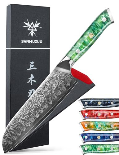 SANMUZUO Damas Couteau de Santoku avec Lame 18 cm Professionnel Couteau de Cuisine en Japonais VG-10 67 Couche Damas Acier avec Poignée en résine(Vert Jade) - Xuan Série
