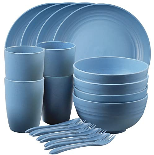 Shopwithgreen Wheat Straw Dinnerware Sets for 4, 20 PCS Unbreakable Plates and Bowls Sets, Reusable Dinner Dishes Set, Bowls, Cups, Plates for Camping, Kitchen, RV, Dorm, Dishwasher Microwave Safe
