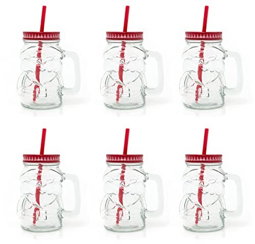 Carousel Home Set of 6 Clear Glass Santa Shaped Drinking Jar | Christmas Drinking Jar with Lid and Straw | Novelty 400ml