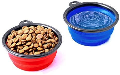 PRECORN Lot de 2 gamelles de voyage pliables pour chien et chat - 250 ml - Rouge et bleu