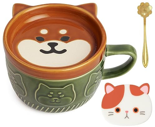 Yifugad Cute DOG Mug With Lid Spoon and Coaster,Animal Coffee Set,Soup Cup Lid,Tea Cup,Boys Girls/Teacher/Friends Gifts, Birthday Graduation Gifts Father's Day Mother's Christmas (Green)