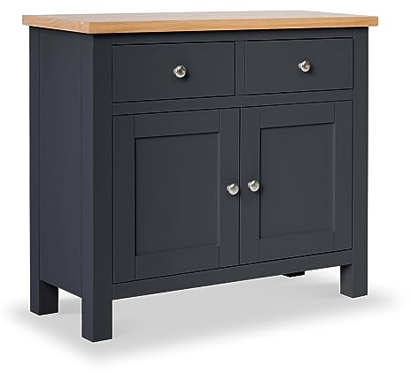 RoselandFurniture Farro Charcoal Grey Small Sideboard for Living Room | Fully Assembled, 2 Door Cupboard with Two Drawers and Oak Top, Contemporary Style, H80cm W90cm D36cm