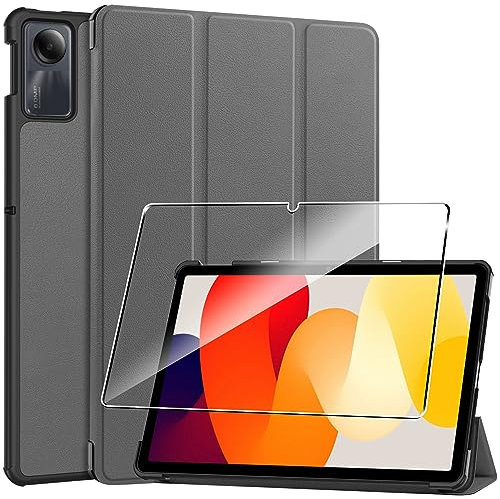 Heioloo Custodia per Redmi Pad SE Cover in Pelle PU Case, + [1 Pezzi] Vetro Temperato Pellicola Protettiva [Auto Svegliati/Sonno] [Ultra Sottile] [Supporto Funzione ] [Anti-Scratch] Grigio