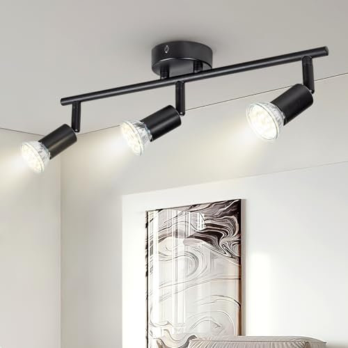 Doughelec Lámpara de Techo 3 Focos LED Orientable, Plafones de Techo GU10 Plafón Foco de techo Moderno Aplique Pared Interior Giratorios Para Cocina Pasillos Salón Dormitorios, Sin Bombilla Negro